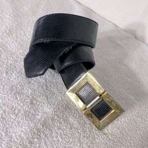 Vintage Made in Spain Black Textured Leather Belt With Gold Silver Tone Buckle